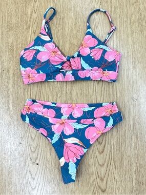 Midori Teal Floral Bikini Set with Pink Flowers Maui Print
